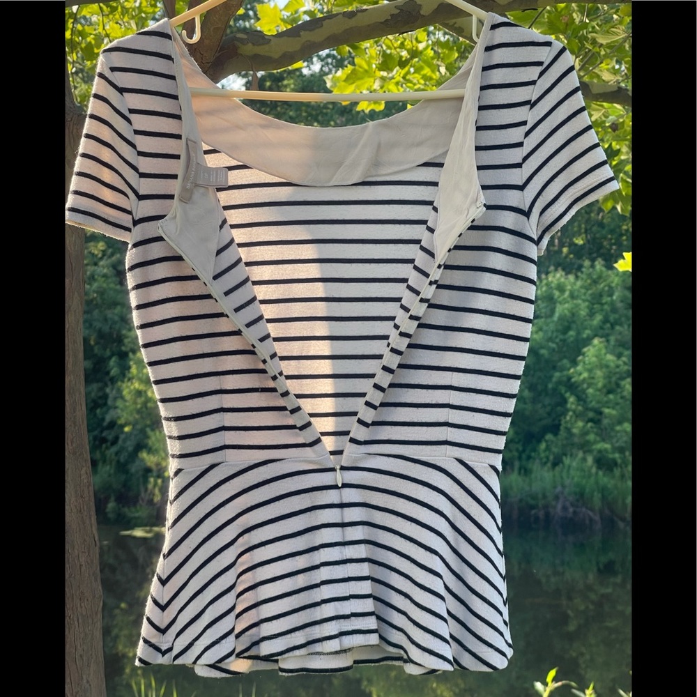 X SOLD X  J. Crew | Black Striped Peplum Top | Size 0P (XXS/XS) | Very Petite - Picture 4 of 17